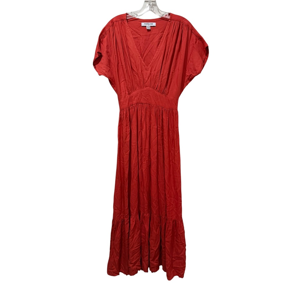 Pampelone Red Rayon V-Neck Maxi Dress Short Sleeve Smocked Back Tiered Boho S